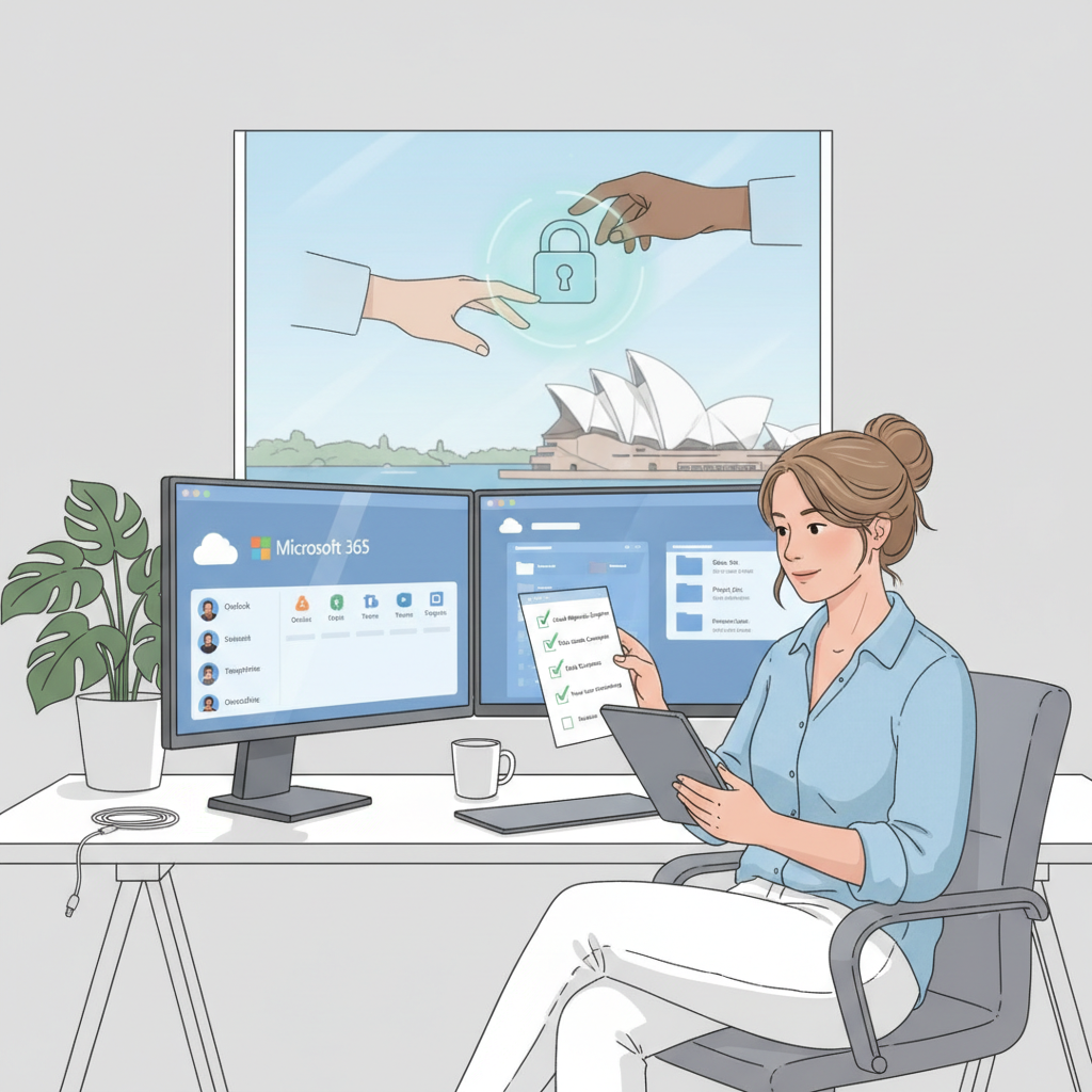 Woman at a desk with Microsoft 365 on dual monitors, holding a checklist tablet, with Sydney Opera House and a security lock icon in the background