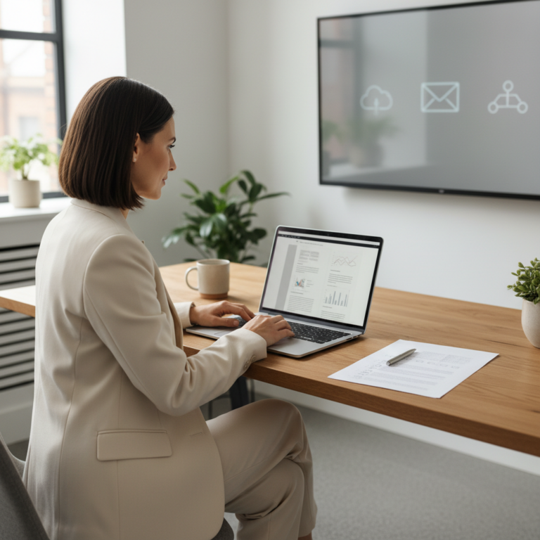 Woman in a business suit working on a laptop displaying a report, with a presentation screen showing cloud, email, and share icons behind her