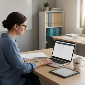 Woman reviewing security settings on a laptop in an office, with documents and a kangaroo-branded mug on the desk