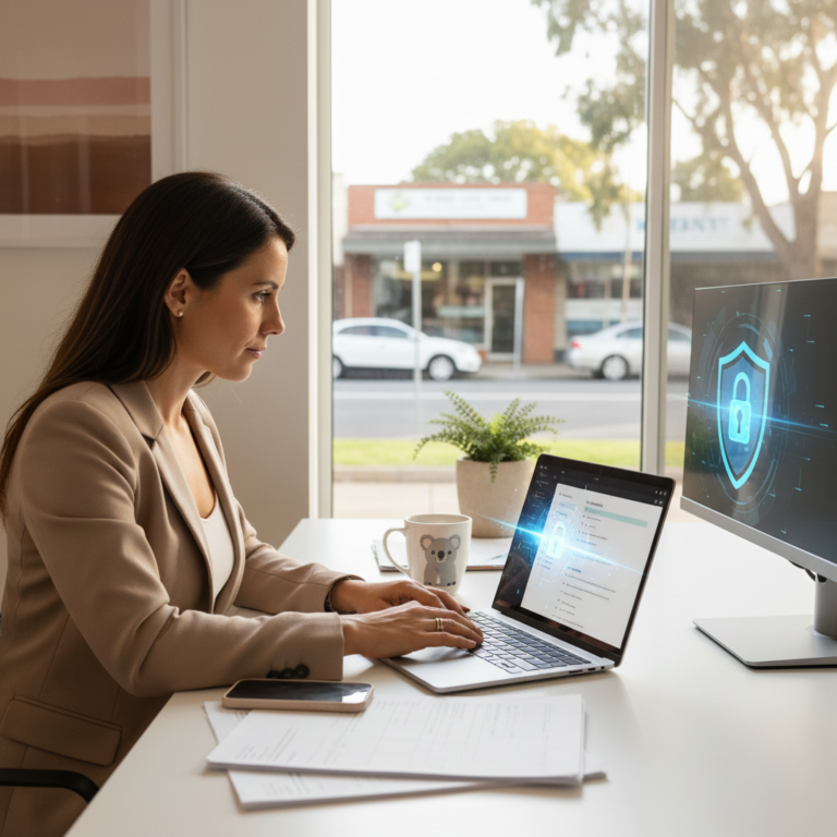 Woman working at a desk on a laptop with a glowing cybersecurity shield icon displayed on a monitor beside her