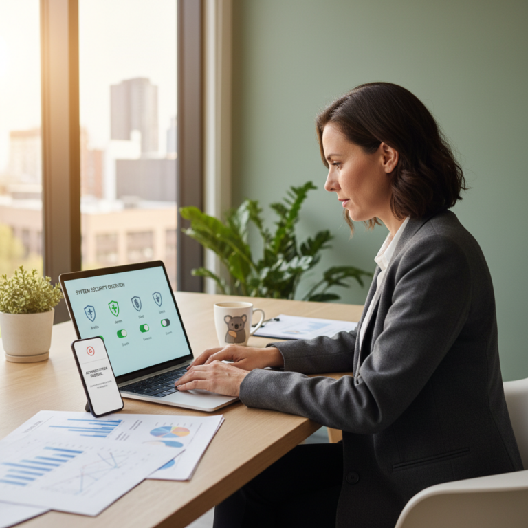 Woman working at a desk reviewing a system security overview on a laptop, with a smartphone and printed charts nearby
