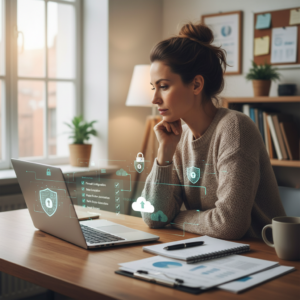 Woman working at home on a laptop displaying a cybersecurity checklist with digital shield and cloud security icons overlaid