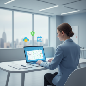 Person reviewing a software comparison table on a laptop, with floating icons representing cloud storage, security, and scheduling features