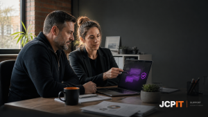 Two small-business colleagues reviewing an AI assistant and privacy controls on a laptop