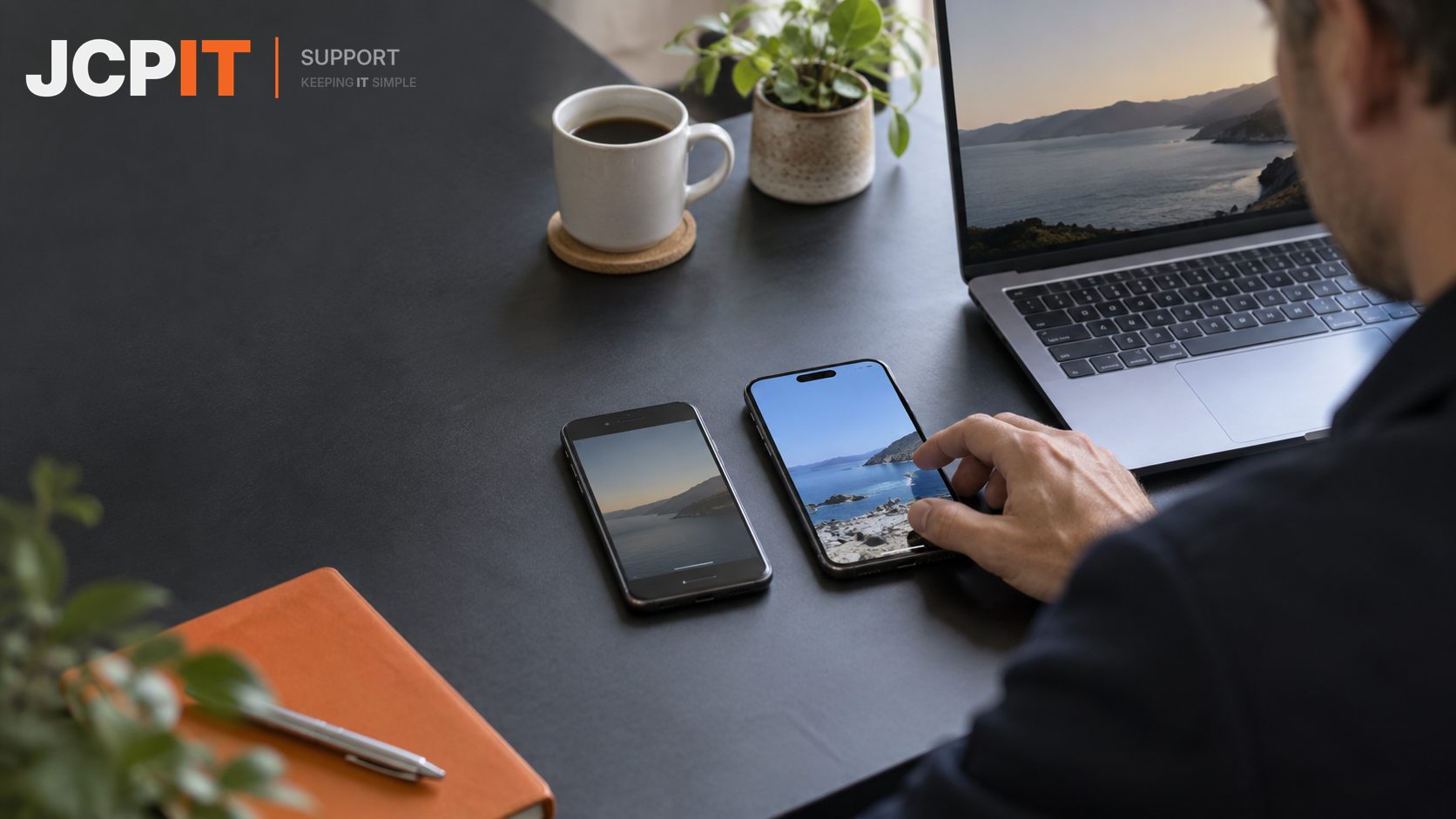 Old and new phones side by side while a work account sign-in is checked.