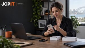 Business owner setting up a replacement phone while keeping the old phone nearby