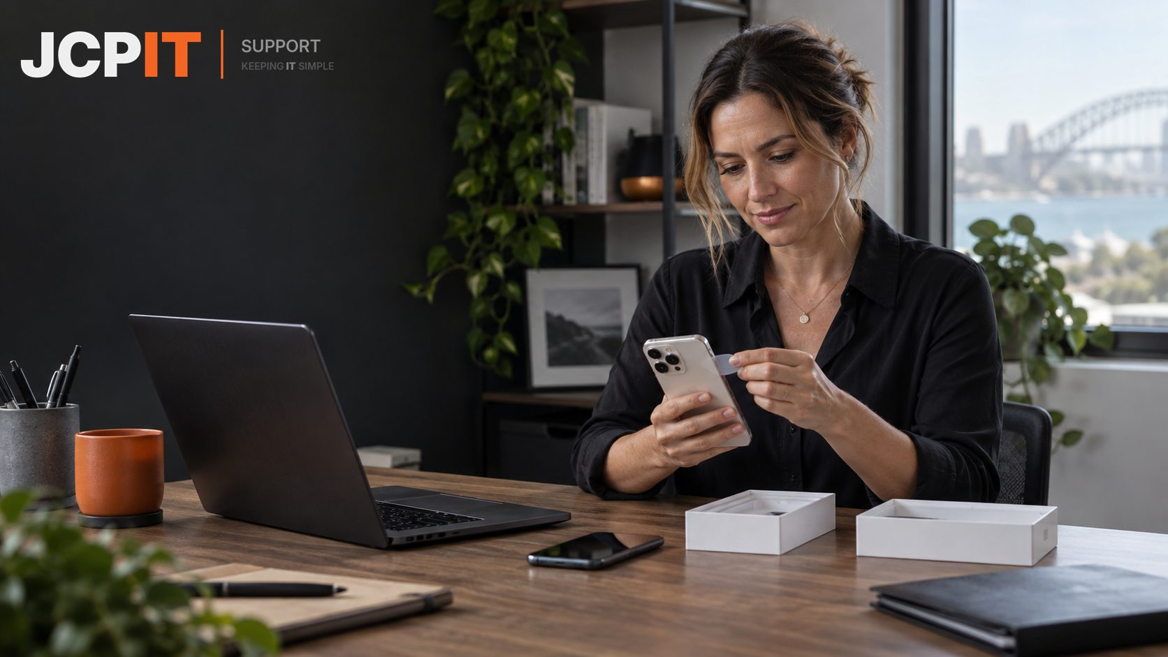 Business owner setting up a replacement phone while keeping the old phone nearby