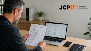 Small-business owner reviewing a business continuity checklist beside a laptop