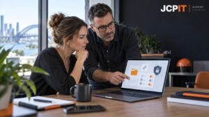 Small-business owner and IT adviser reviewing cloud file-sharing permissions.