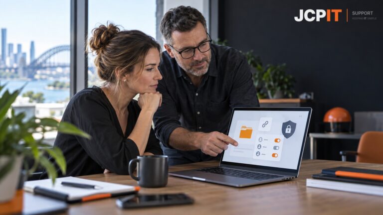 Small-business owner and IT adviser reviewing cloud file-sharing permissions.