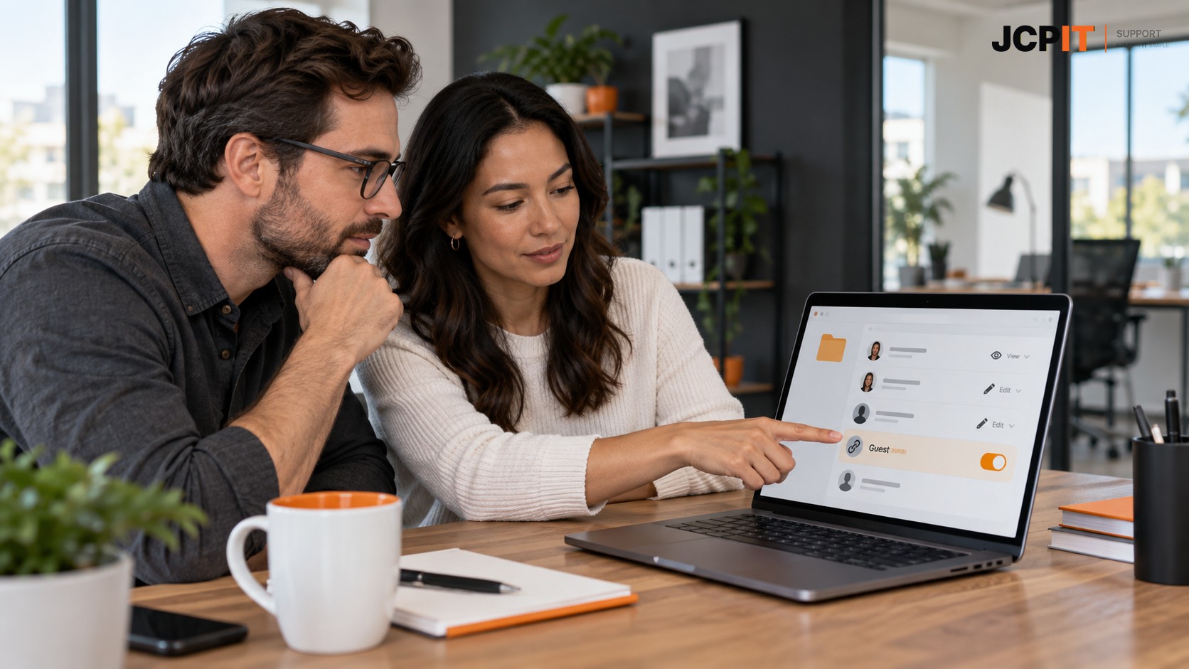 Business user reviewing cloud software and sharing settings