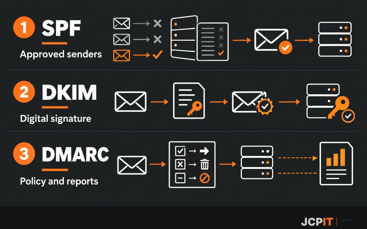 Infographic explaining SPF approved senders, DKIM digital signatures and DMARC policy and reports