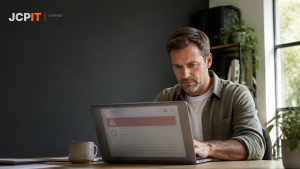 Small business owner checking a suspicious email on a laptop