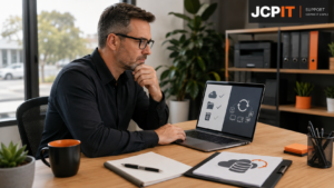 Small-business owner reviewing Microsoft 365 files and a backup plan on a laptop