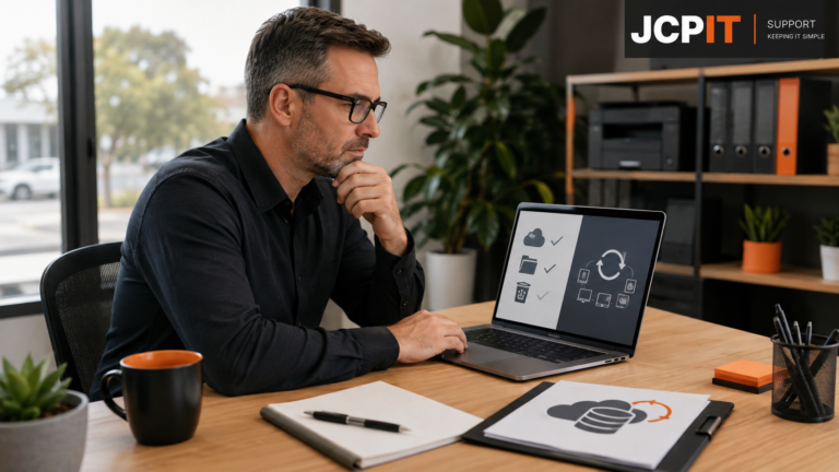 Small-business owner reviewing Microsoft 365 files and a backup plan on a laptop