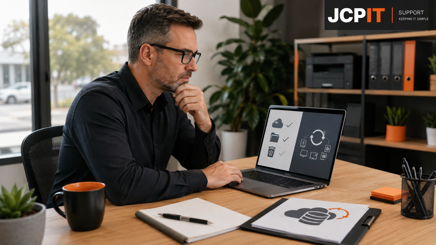 Small-business owner reviewing Microsoft 365 files and a backup plan on a laptop