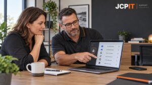 Small-business owner reviewing a password manager with an IT adviser.