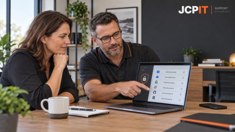 Small-business owner reviewing a password manager with an IT adviser.