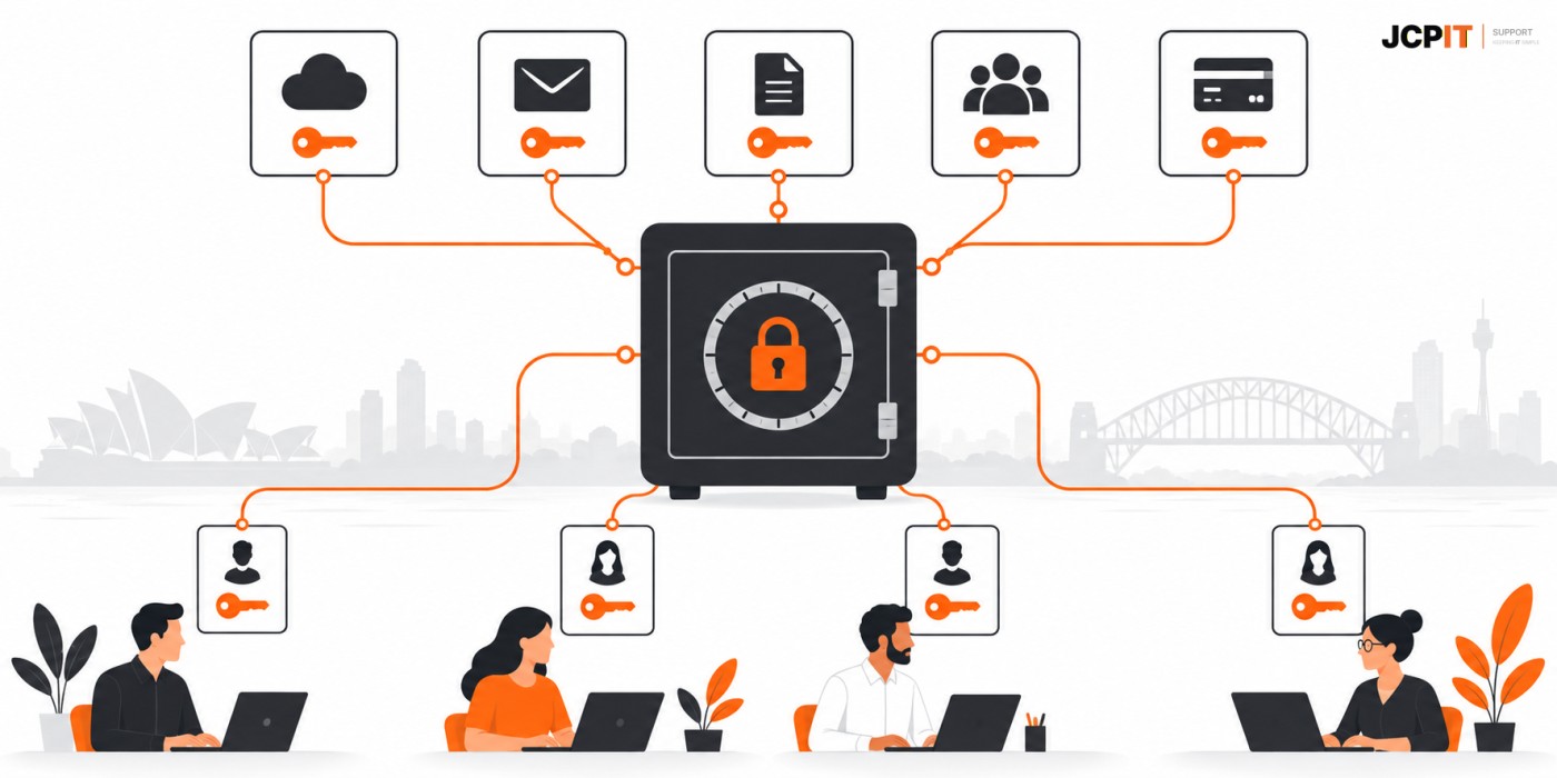 Illustration of a password manager vault controlling access to separate business accounts