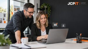 Colleagues reviewing a Microsoft 365 shared mailbox workflow in a small-business office.