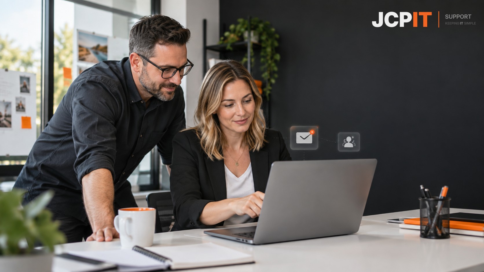 Colleagues reviewing a Microsoft 365 shared mailbox workflow in a small-business office.