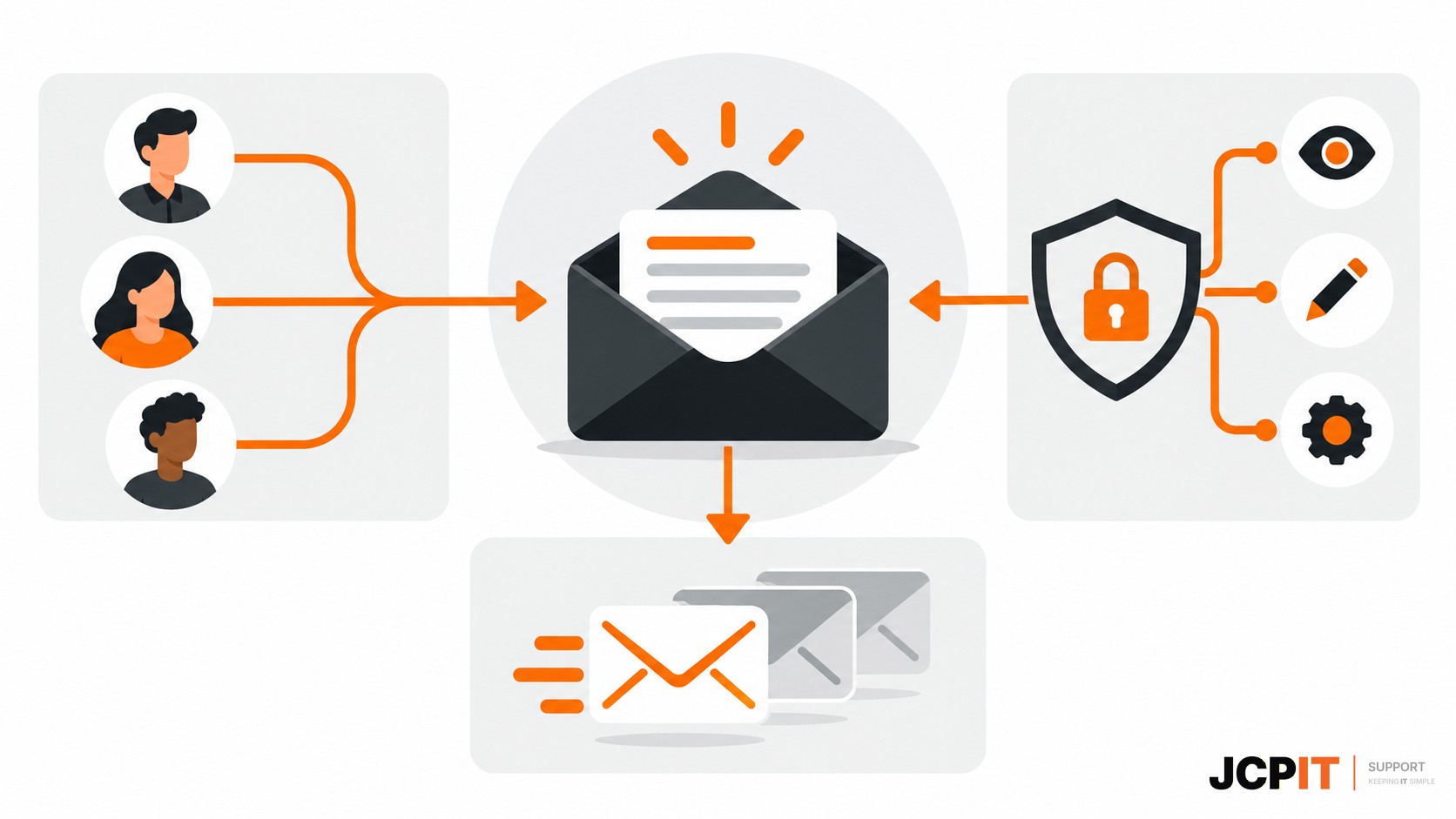 Infographic showing shared mailbox access, permission controls and shared sent items