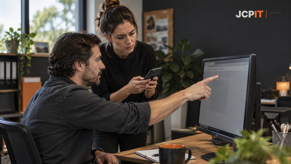 Two colleagues checking a suspicious link while opening the known service separately