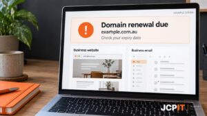 Example domain renewal notice shown on a laptop alongside business website and email previews