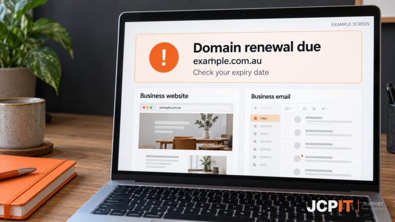 Example domain renewal notice shown on a laptop alongside business website and email previews