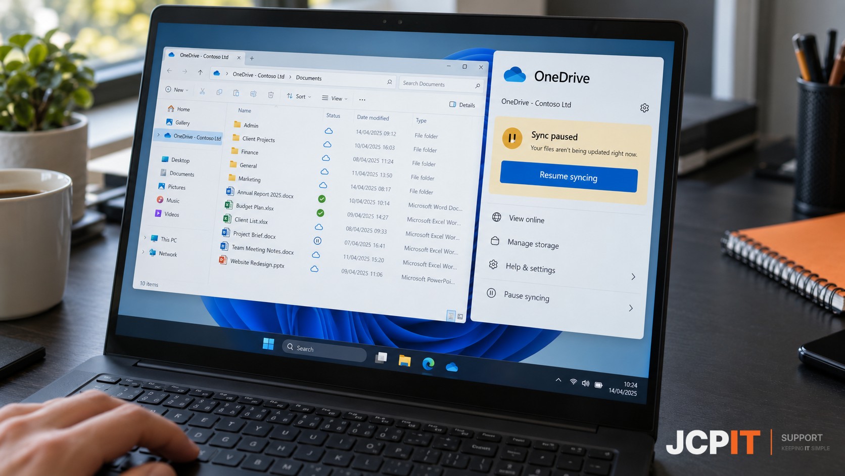 Illustrative laptop screen showing OneDrive for work with syncing paused
